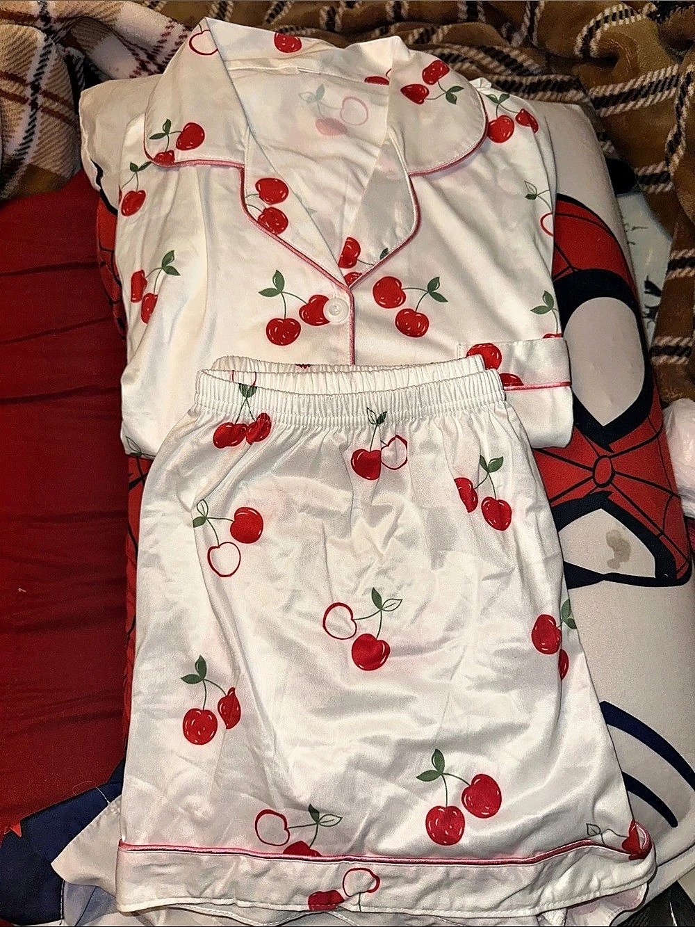 Cherry Print Pajama Set in White & Red short sleeve shorts